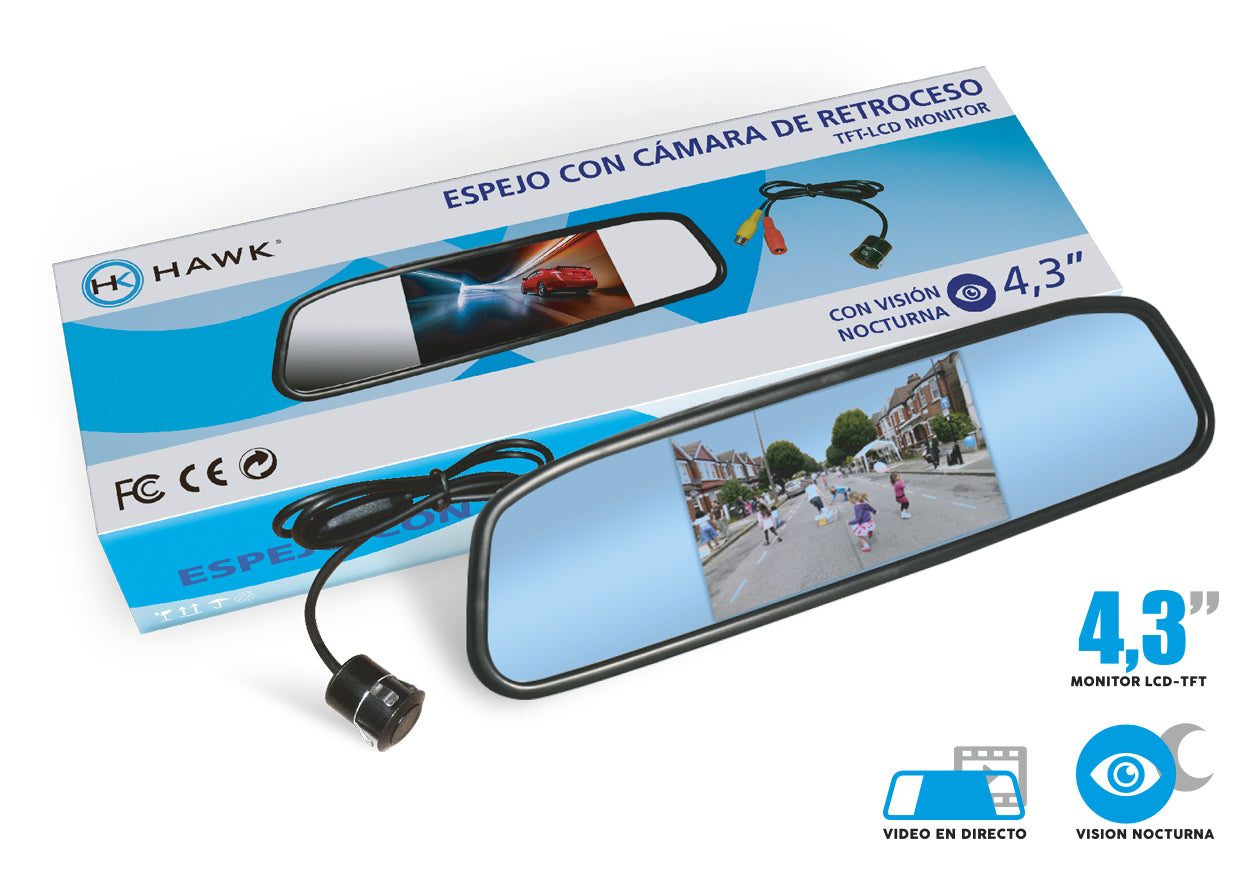 Espejo con cámara de retroceso Hawk VU-432 con visión nocturna de 4.3" instalado