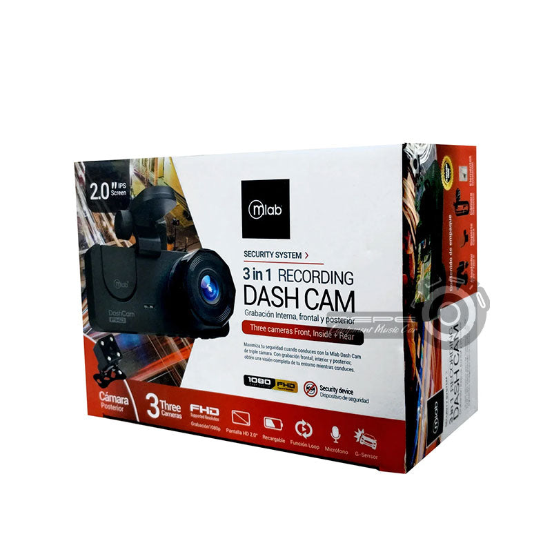 Cámara MLAB DashCam DVR FHD, 3 Cámaras Frontal 1080p/ Interior 720p / Trasero 720p