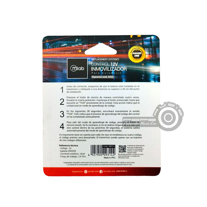 Control Inmovilizador Auto 12V (repuesto) 5433