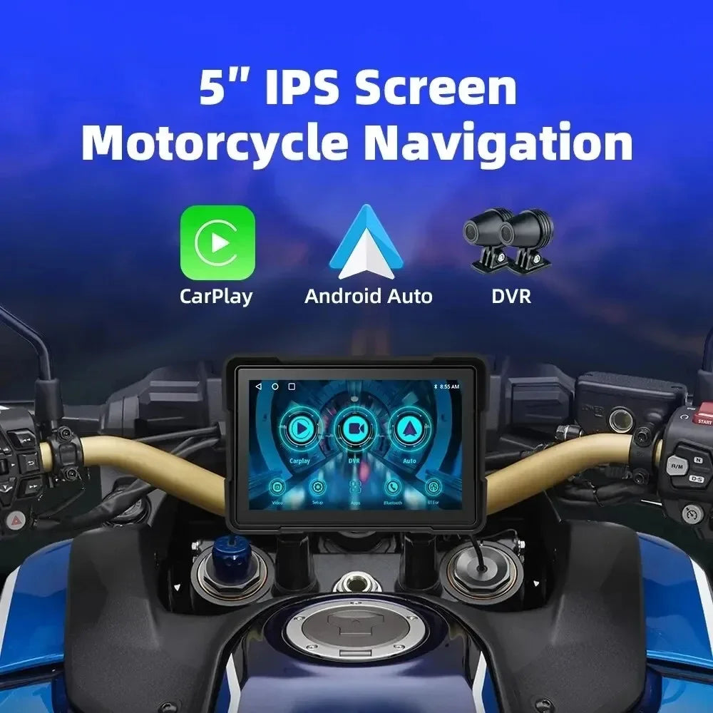 Monitor Multifuncional de 5" para Motocicletas con Apple CarPlay y Android Auto / DVR 2 Cámaras Instalado