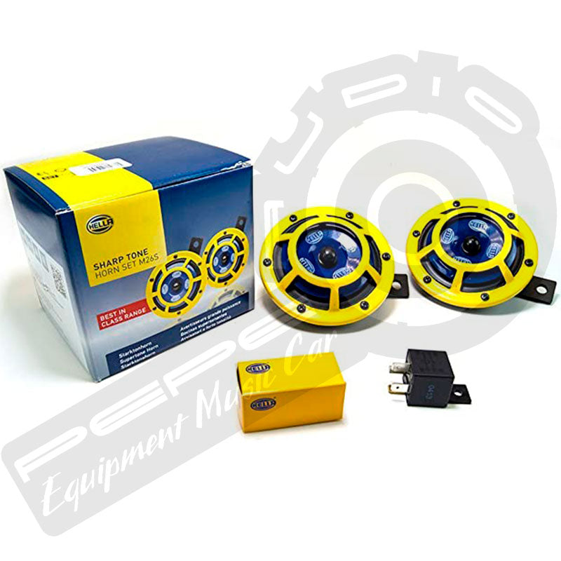 Kit de bocinas Hella Sharp Tone S108 Amarilla de tono alto/bajo de 12 V con soporte