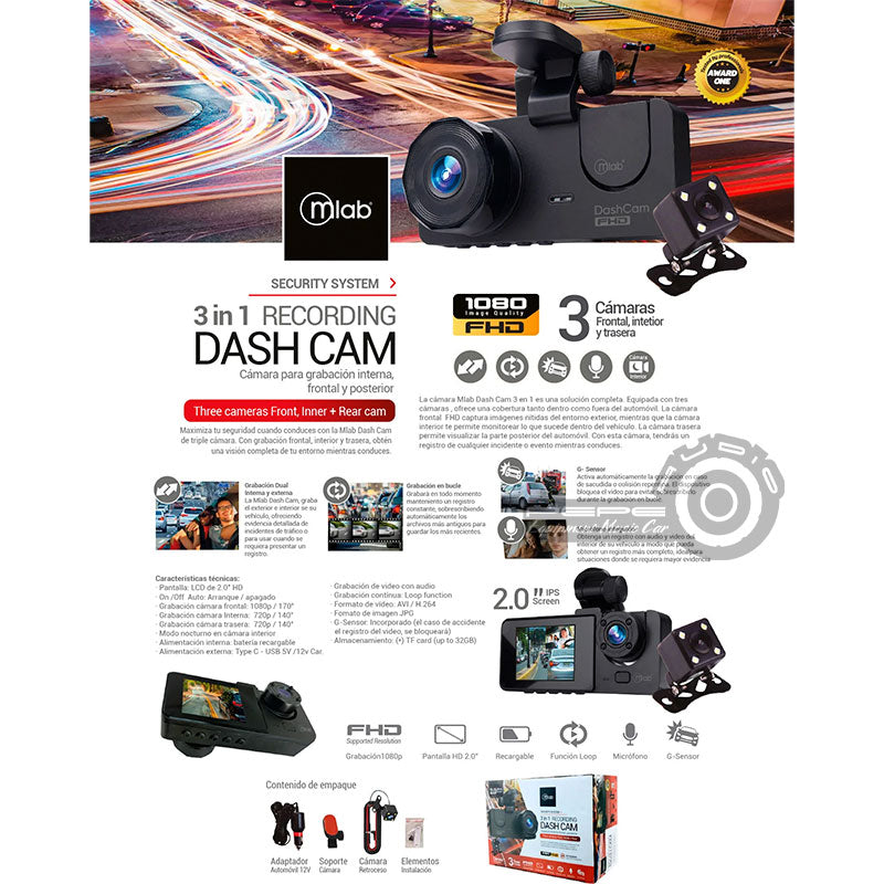 Cámara MLAB DashCam DVR FHD, 3 Cámaras Frontal 1080p/ Interior 720p / Trasero 720p