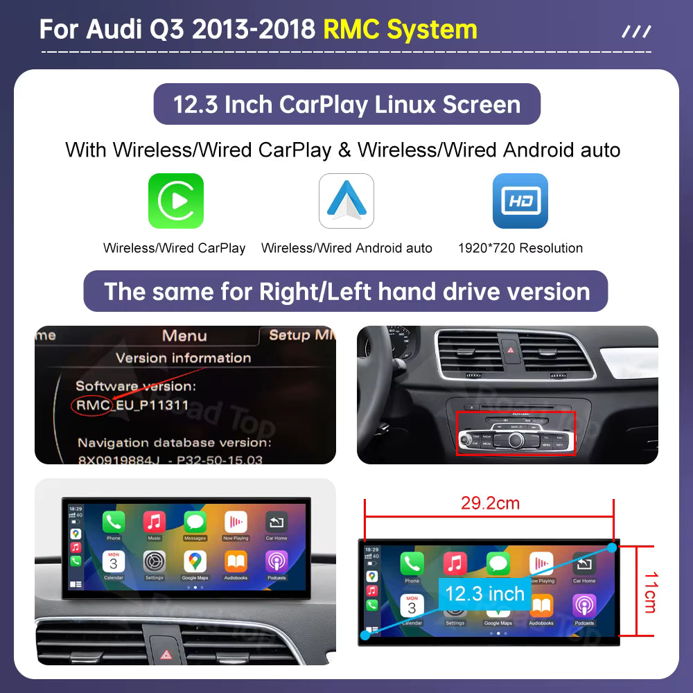 Radio OEM Linux para Audi Q3 RMC 2013-2018 de 12,3" | Apple CarPlay / Android Auto
